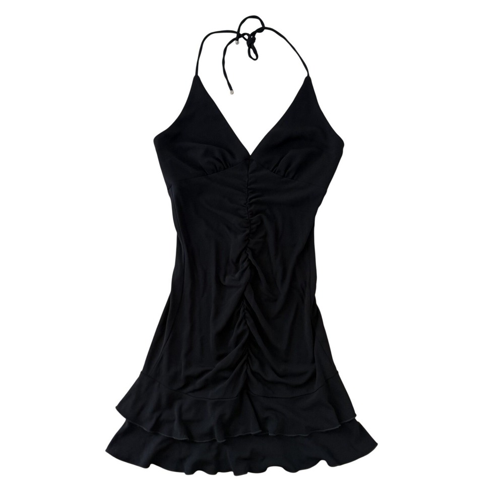 Vtg Y2K Black Halter Mini Dress S Ruched Ruffle Hem Club Kid Party USA Made